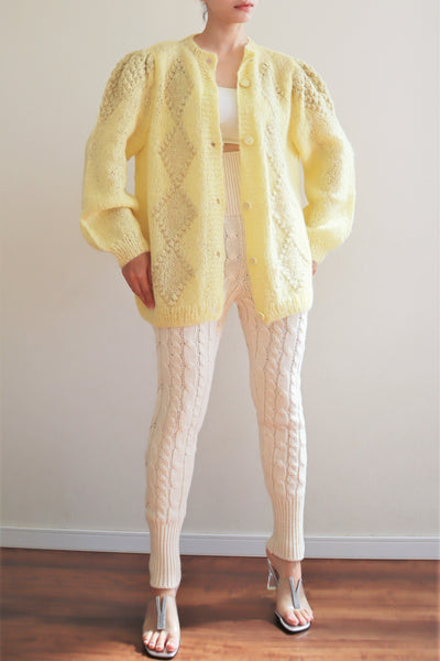 80s Hand Knit Pale Lemon Yellow Mohair Cardigan
