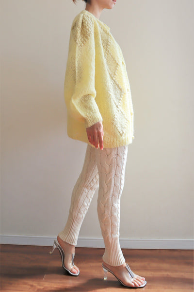 80s Hand Knit Pale Lemon Yellow Mohair Cardigan