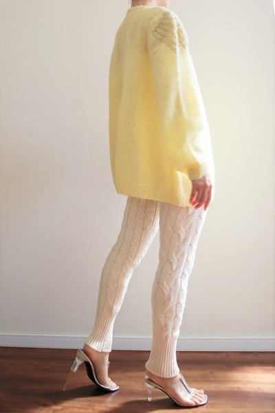 80s Hand Knit Pale Lemon Yellow Mohair Cardigan