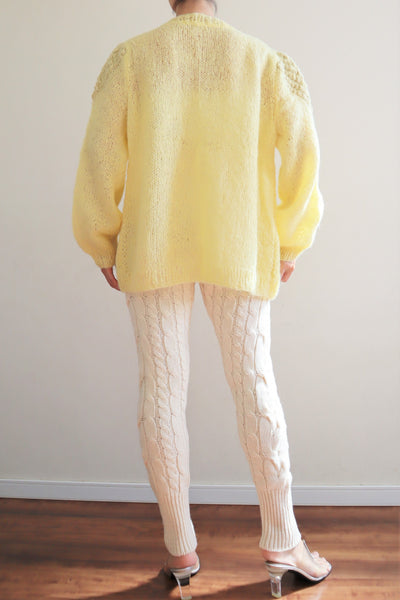 80s Hand Knit Pale Lemon Yellow Mohair Cardigan