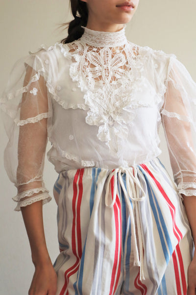 Edwardian High Neck Battenberg Lace Tulle Blouse