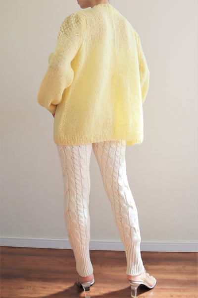 80s Hand Knit Pale Lemon Yellow Mohair Cardigan
