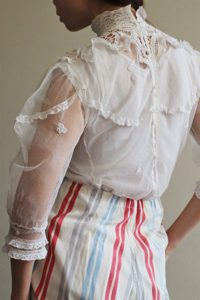 Edwardian High Neck Battenberg Lace Tulle Blouse