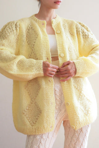 80s Hand Knit Pale Lemon Yellow Mohair Cardigan