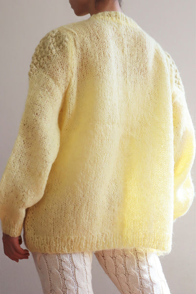 80s Hand Knit Pale Lemon Yellow Mohair Cardigan
