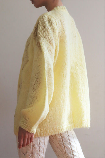 80s Hand Knit Pale Lemon Yellow Mohair Cardigan