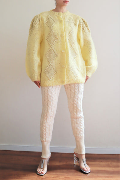 80s Hand Knit Pale Lemon Yellow Mohair Cardigan