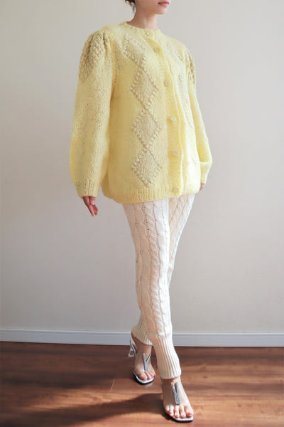 80s Hand Knit Pale Lemon Yellow Mohair Cardigan
