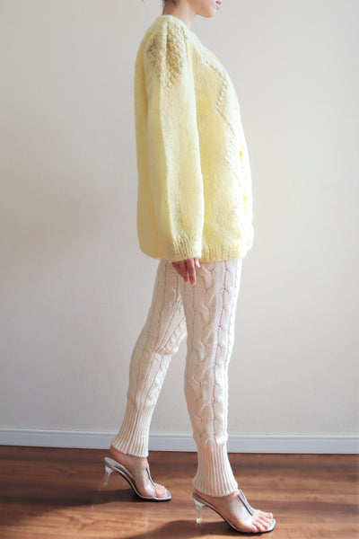 80s Hand Knit Pale Lemon Yellow Mohair Cardigan