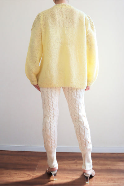 80s Hand Knit Pale Lemon Yellow Mohair Cardigan