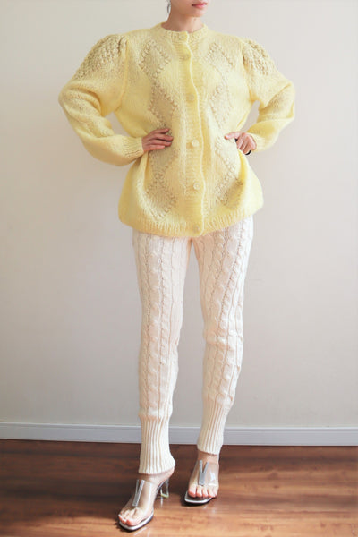 80s Hand Knit Pale Lemon Yellow Mohair Cardigan