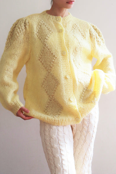 80s Hand Knit Pale Lemon Yellow Mohair Cardigan
