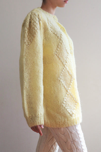 80s Hand Knit Pale Lemon Yellow Mohair Cardigan