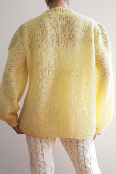 80s Hand Knit Pale Lemon Yellow Mohair Cardigan