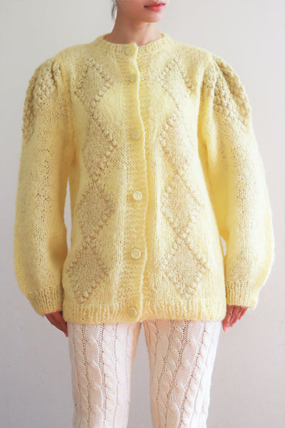 80s Hand Knit Pale Lemon Yellow Mohair Cardigan