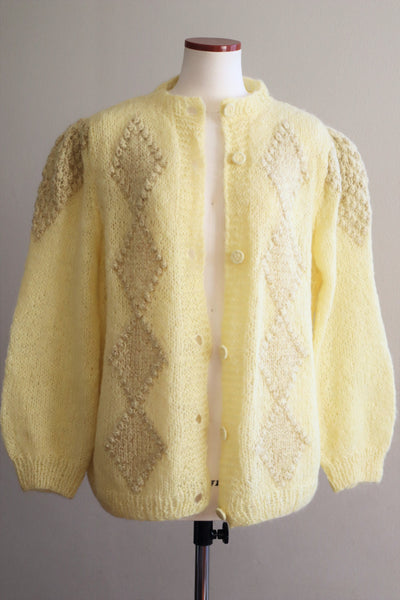 80s Hand Knit Pale Lemon Yellow Mohair Cardigan