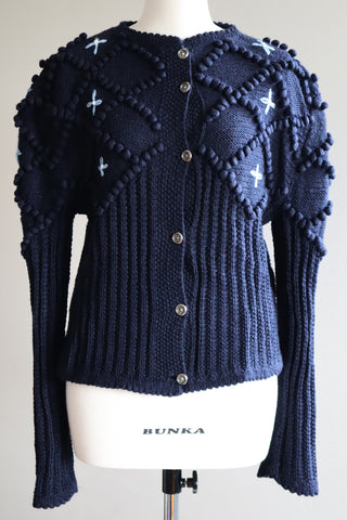 80s Hand Knit Navy Wool Light Blue Flower Embroidery Austrian Cardigan