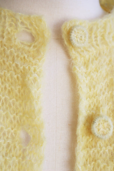 80s Hand Knit Pale Lemon Yellow Mohair Cardigan