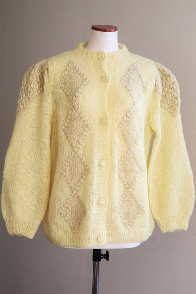 80s Hand Knit Pale Lemon Yellow Mohair Cardigan