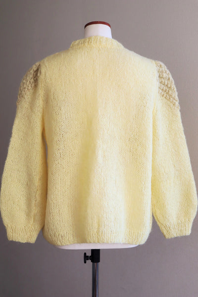 80s Hand Knit Pale Lemon Yellow Mohair Cardigan