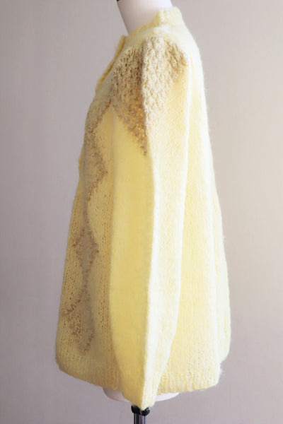 80s Hand Knit Pale Lemon Yellow Mohair Cardigan