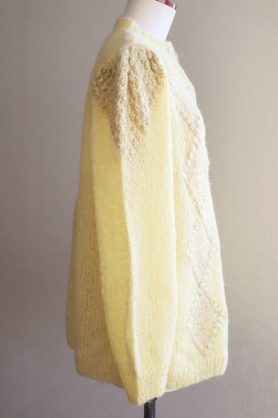 80s Hand Knit Pale Lemon Yellow Mohair Cardigan