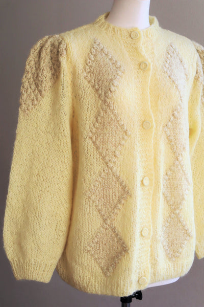 80s Hand Knit Pale Lemon Yellow Mohair Cardigan