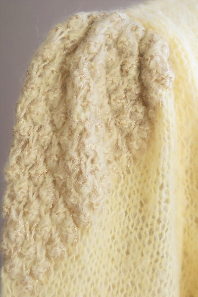 80s Hand Knit Pale Lemon Yellow Mohair Cardigan