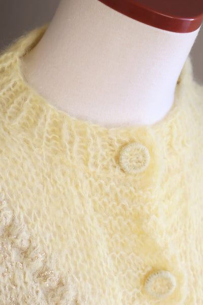 80s Hand Knit Pale Lemon Yellow Mohair Cardigan