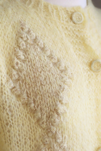 80s Hand Knit Pale Lemon Yellow Mohair Cardigan