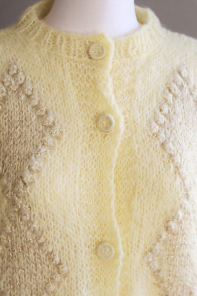 80s Hand Knit Pale Lemon Yellow Mohair Cardigan
