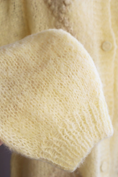 80s Hand Knit Pale Lemon Yellow Mohair Cardigan