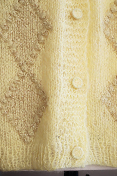 80s Hand Knit Pale Lemon Yellow Mohair Cardigan