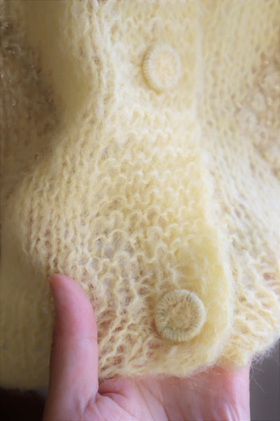 80s Hand Knit Pale Lemon Yellow Mohair Cardigan