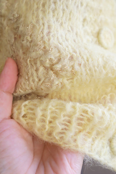 80s Hand Knit Pale Lemon Yellow Mohair Cardigan