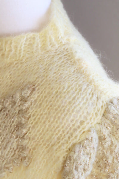 80s Hand Knit Pale Lemon Yellow Mohair Cardigan
