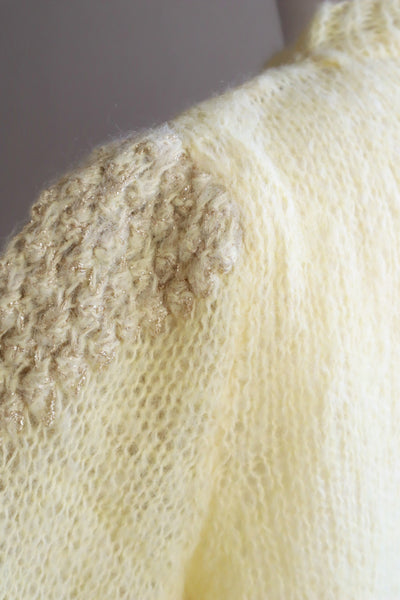80s Hand Knit Pale Lemon Yellow Mohair Cardigan