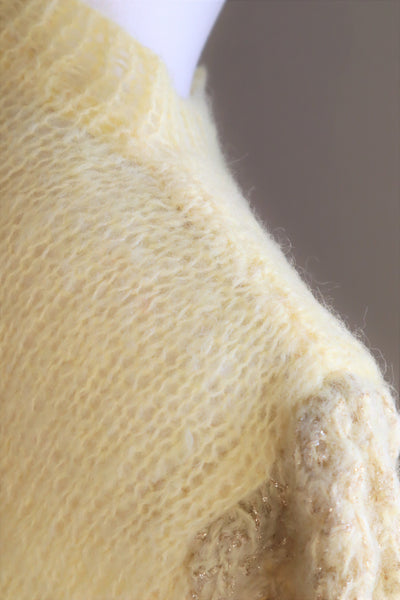 80s Hand Knit Pale Lemon Yellow Mohair Cardigan