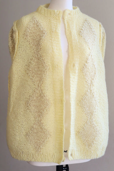 80s Hand Knit Pale Lemon Yellow Mohair Cardigan