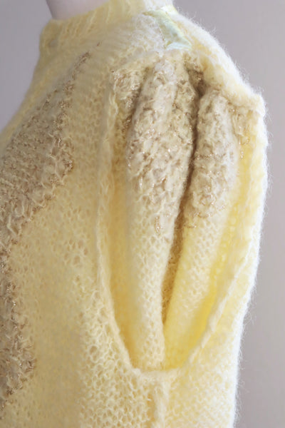 80s Hand Knit Pale Lemon Yellow Mohair Cardigan