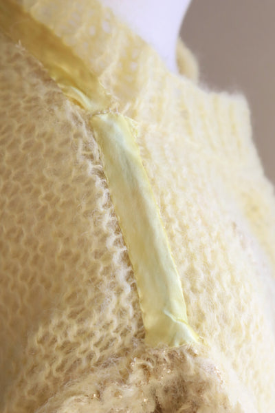 80s Hand Knit Pale Lemon Yellow Mohair Cardigan