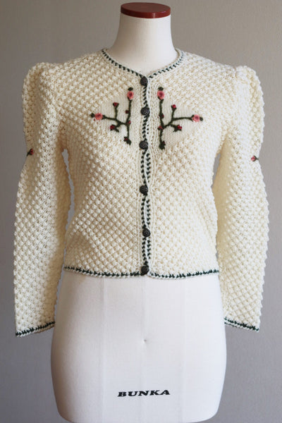 Vintage Austrian Hand knit Cardigan Embroidered Flowers Off White