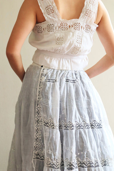 1900s Hand Sewn Embroidered Flower Muslin Cotton Skirt