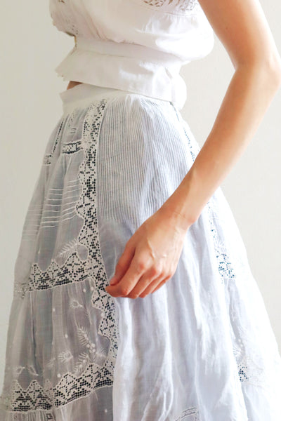 1900s Hand Sewn Embroidered Flower Muslin Cotton Skirt