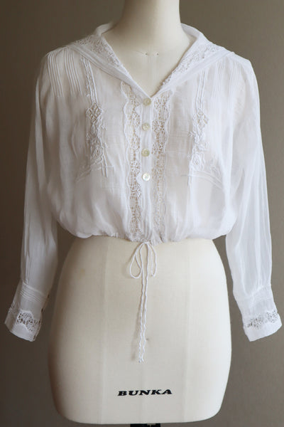 1910s White Embroidered Muslin Cotton Blouse