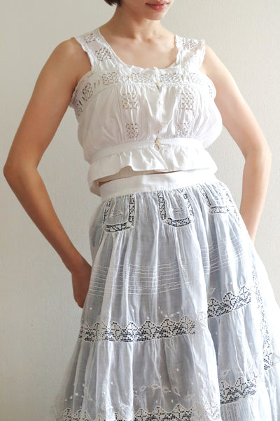 1900s Hand Embroidered Cut Work Lace Corset Cover