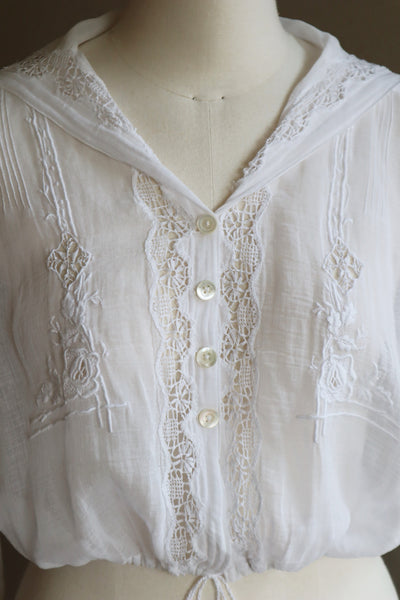 1910s White Embroidered Muslin Cotton Blouse