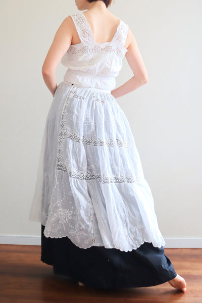 1900s Hand Sewn Embroidered Flower Muslin Cotton Skirt