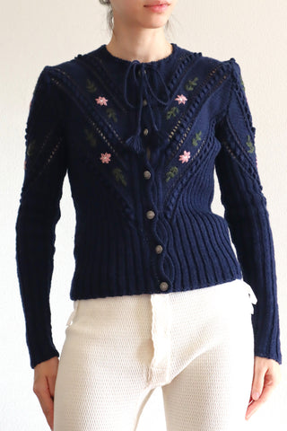 70s Hand Knit Navy Wool Austrian Cardigan