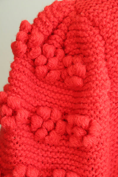Austrian Hand knit Puff Sleeve Pon Pon Cardigan Red